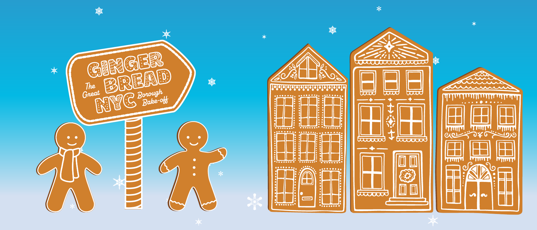 Graphic of two gingerbread people standing next to a sign with the exhibition title, pointing to three gingerbread houses
